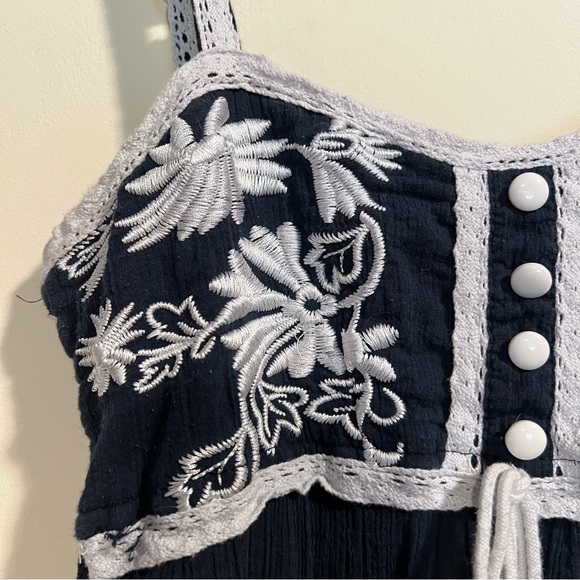 Vintage Boho Blue Empire Waist Maxi Dress w/ White Floral Embroidered Accents - Picture 7 of 9